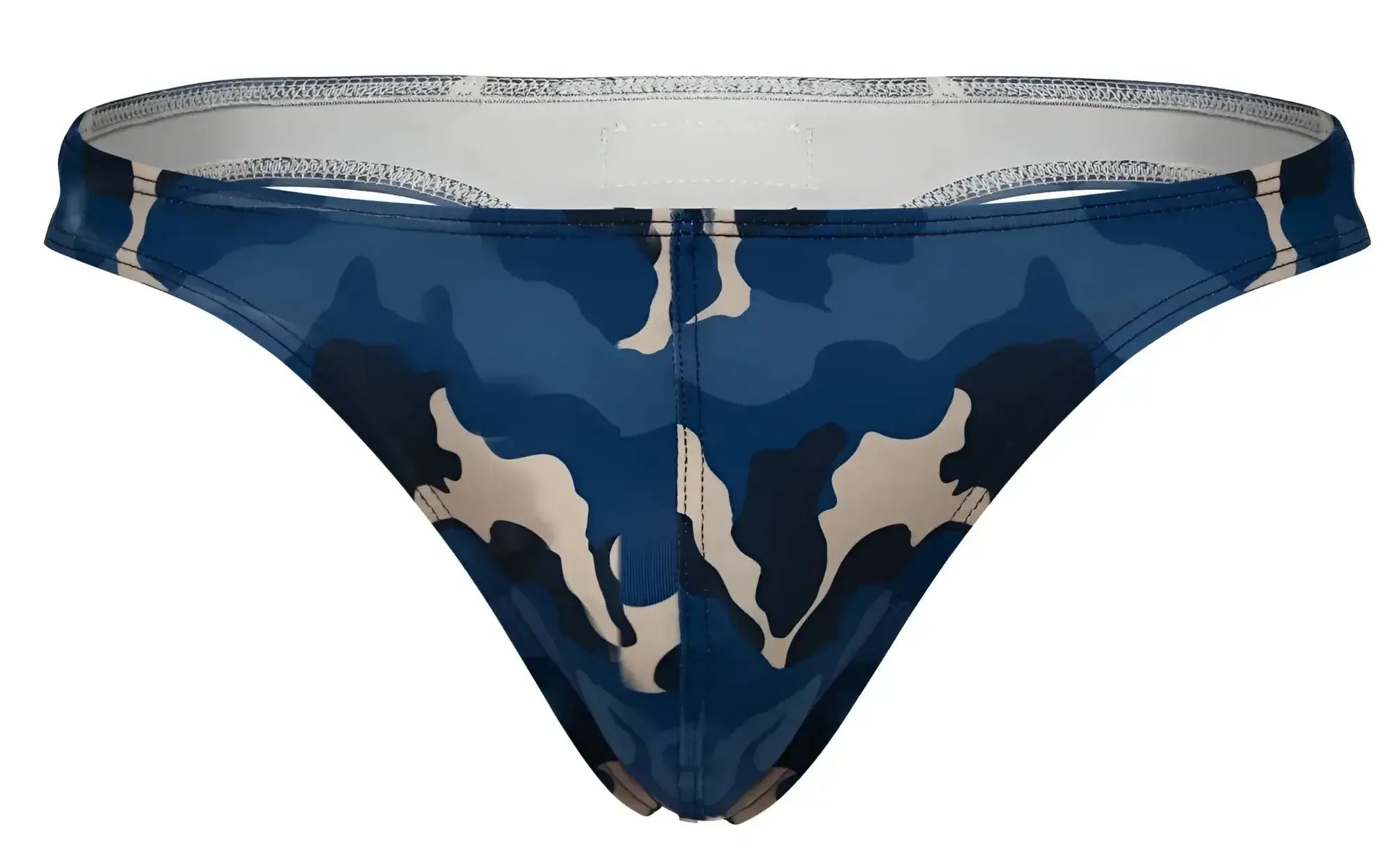 Blue and beige camouflage swim trunks with a glossy finish from clever 2023 almeria thongs collection