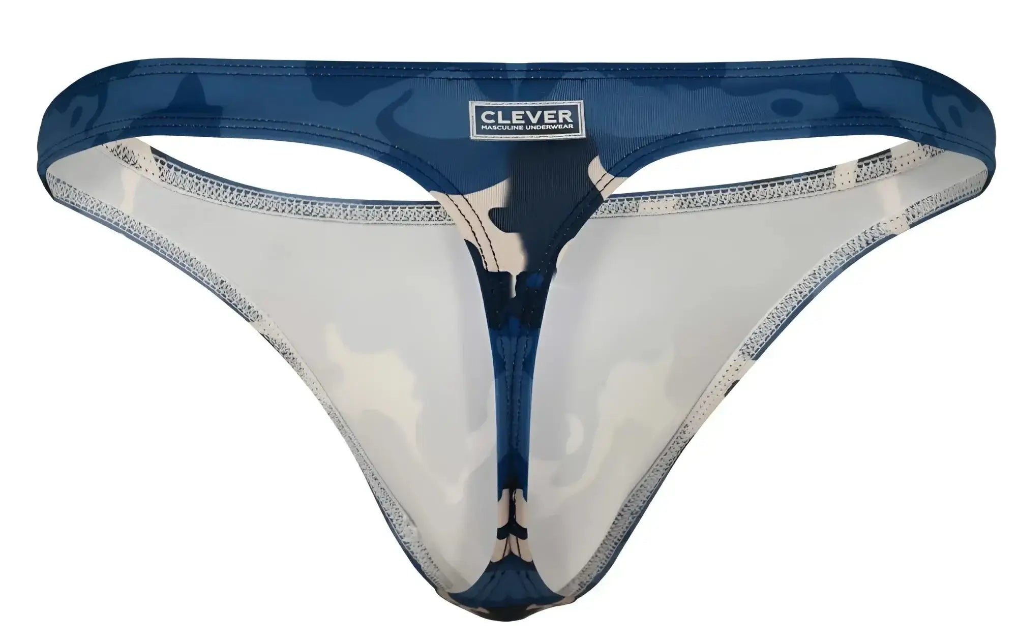 Blue camouflage patterned almeria thong with transparent panels and clever branded label in front view