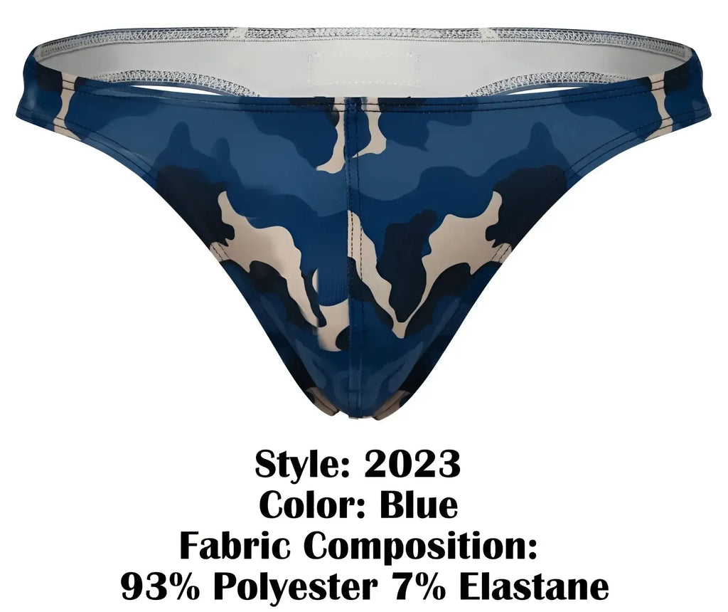 Blue camouflage pattern clever 2023 almeria thong made of 93% polyester 7% elastane shown from the back side