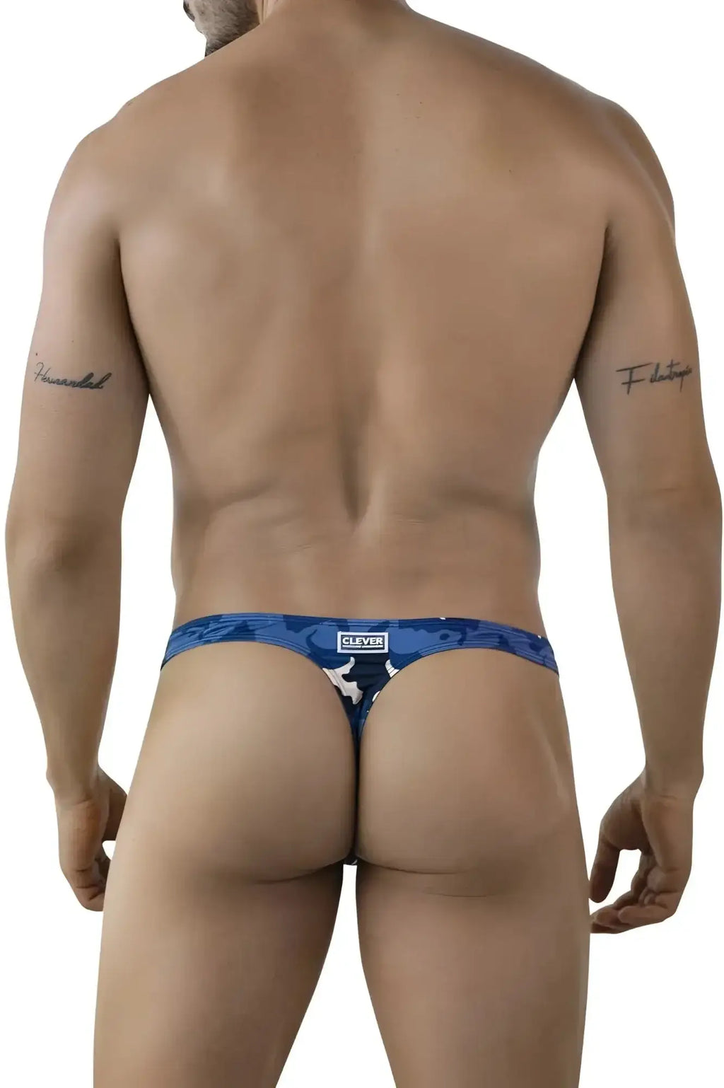 Back view of clever 2023 almeria thong in blue camouflage with a white logo patch featuring a sleek modern design