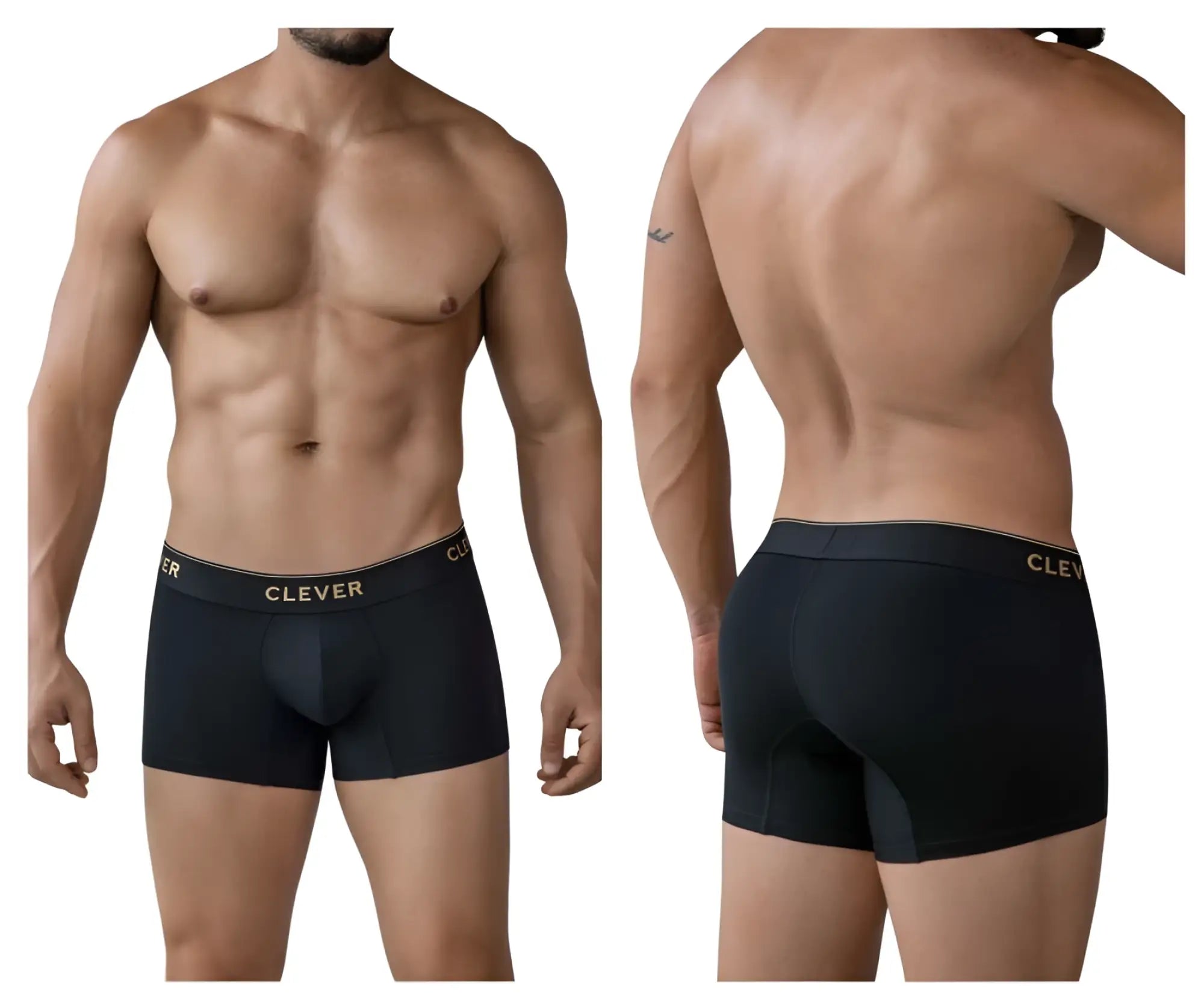 Black men’s boxer briefs with a gold clever logo on the waistband in clever 2026 valladolid trunks color black
