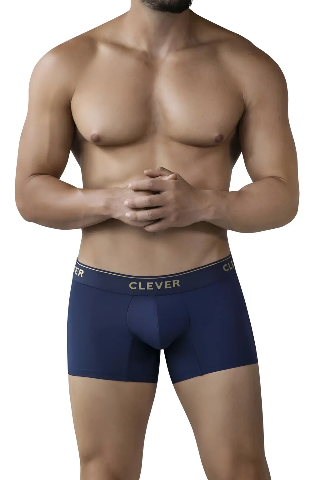 Navy blue clever 2026 valladolid trunks boxer briefs with gold clever logo on waistband for comfortable wear