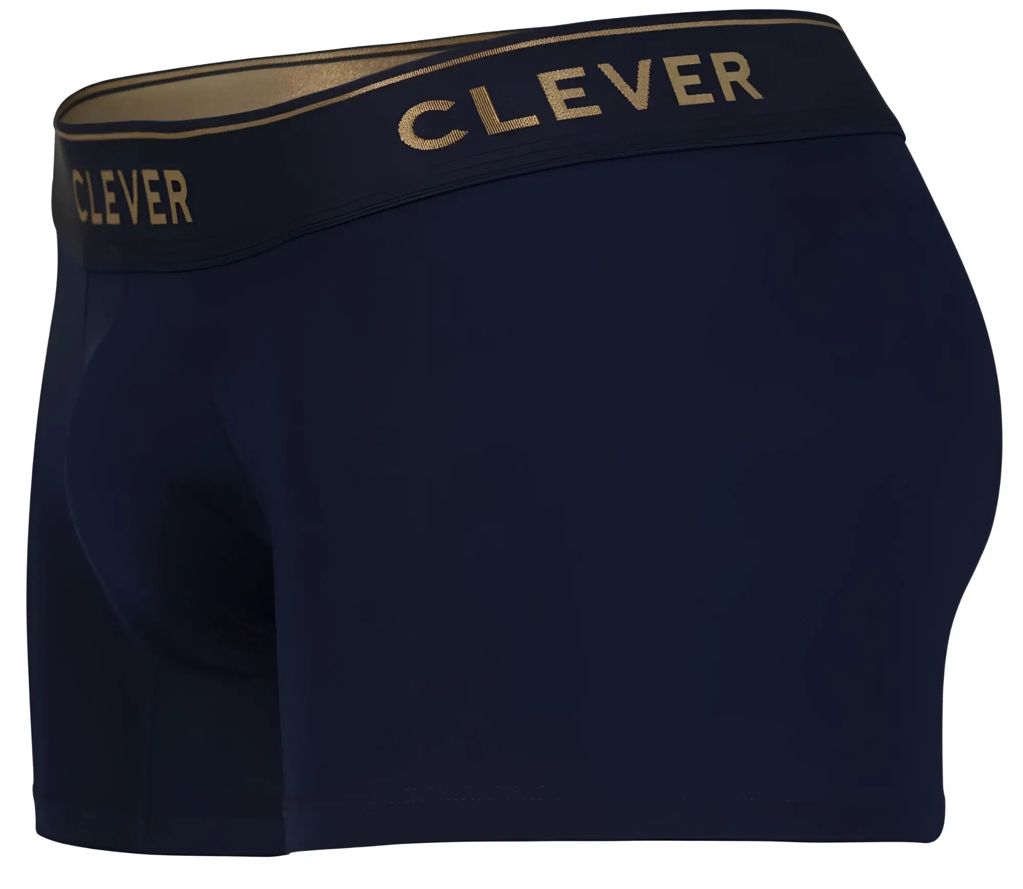 Navy blue clever 2026 valladolid trunks boxer briefs with gold-trimmed waistband and clever branding in gold lettering