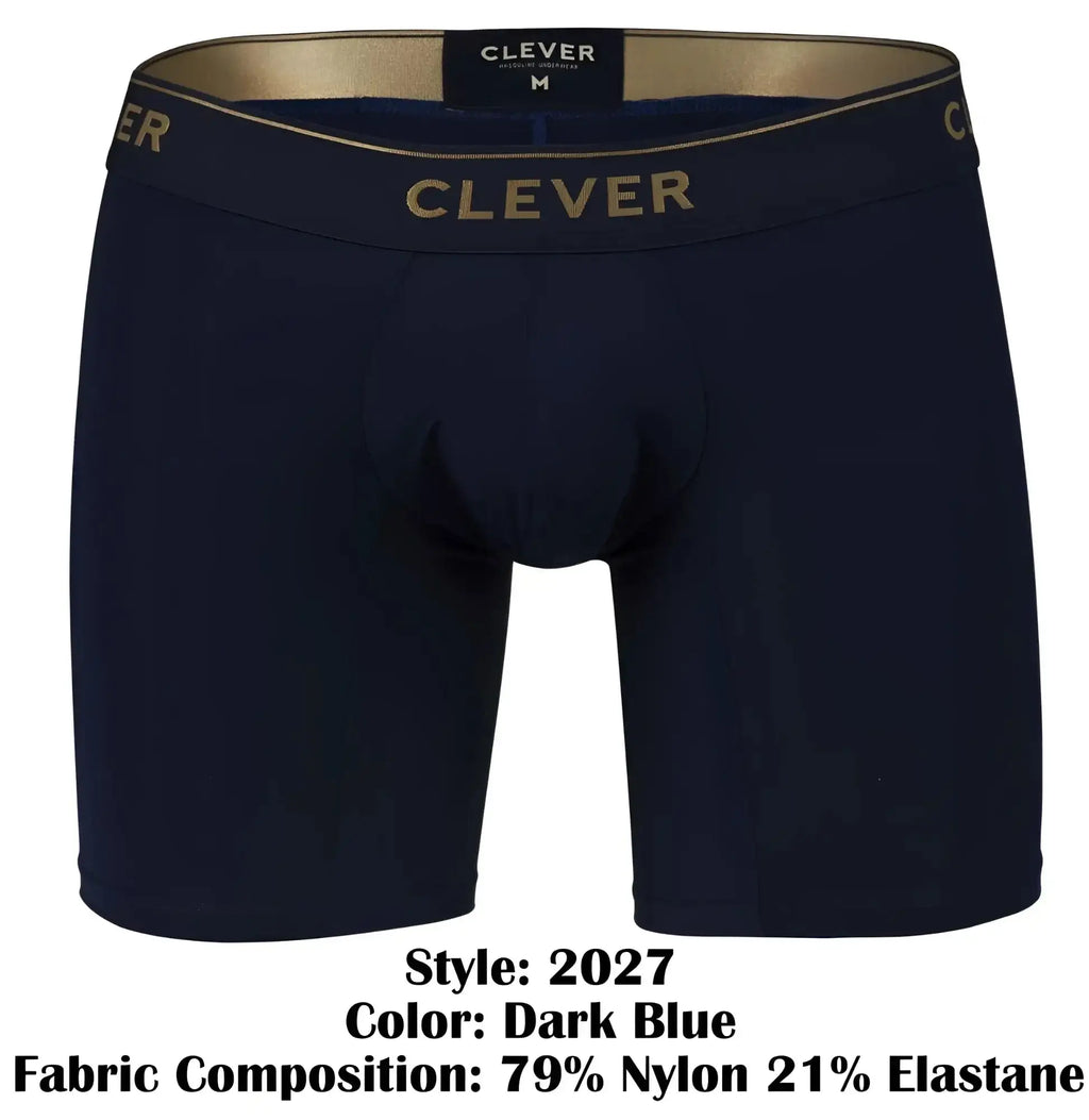 Dark blue clever 2027 valladolid boxer briefs with gold trim and waistband featuring clever logo in gold lettering