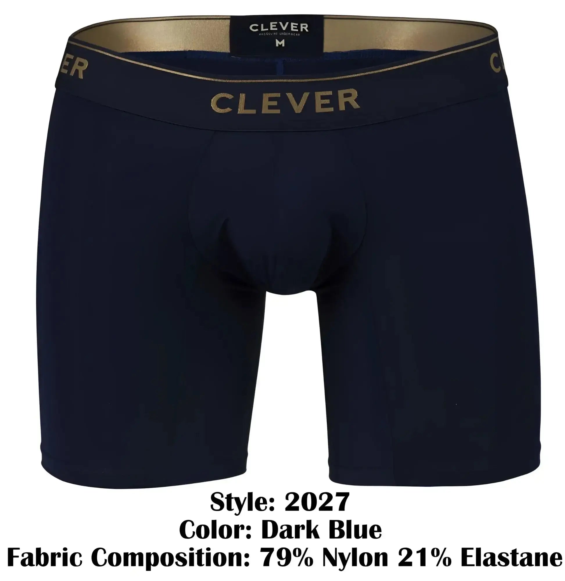 Dark blue clever 2027 valladolid boxer briefs with gold trim and waistband featuring clever logo in gold lettering