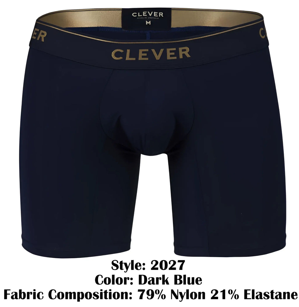 Dark blue clever 2027 valladolid boxer briefs with gold trim and waistband featuring clever logo in gold lettering