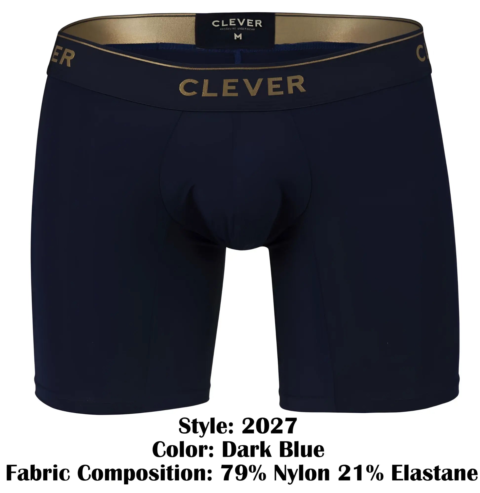 Dark blue clever 2027 valladolid boxer briefs with gold trim and waistband featuring clever logo in gold lettering