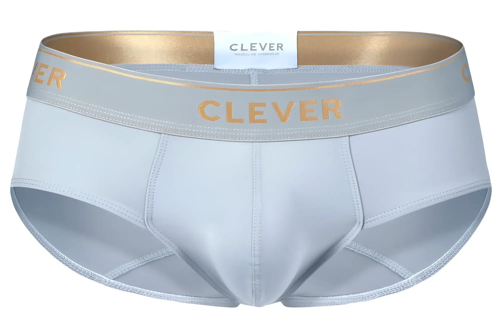Light gray clever 2028 valladolid men’s briefs with gold-trimmed waistband and matching clever logo lettering