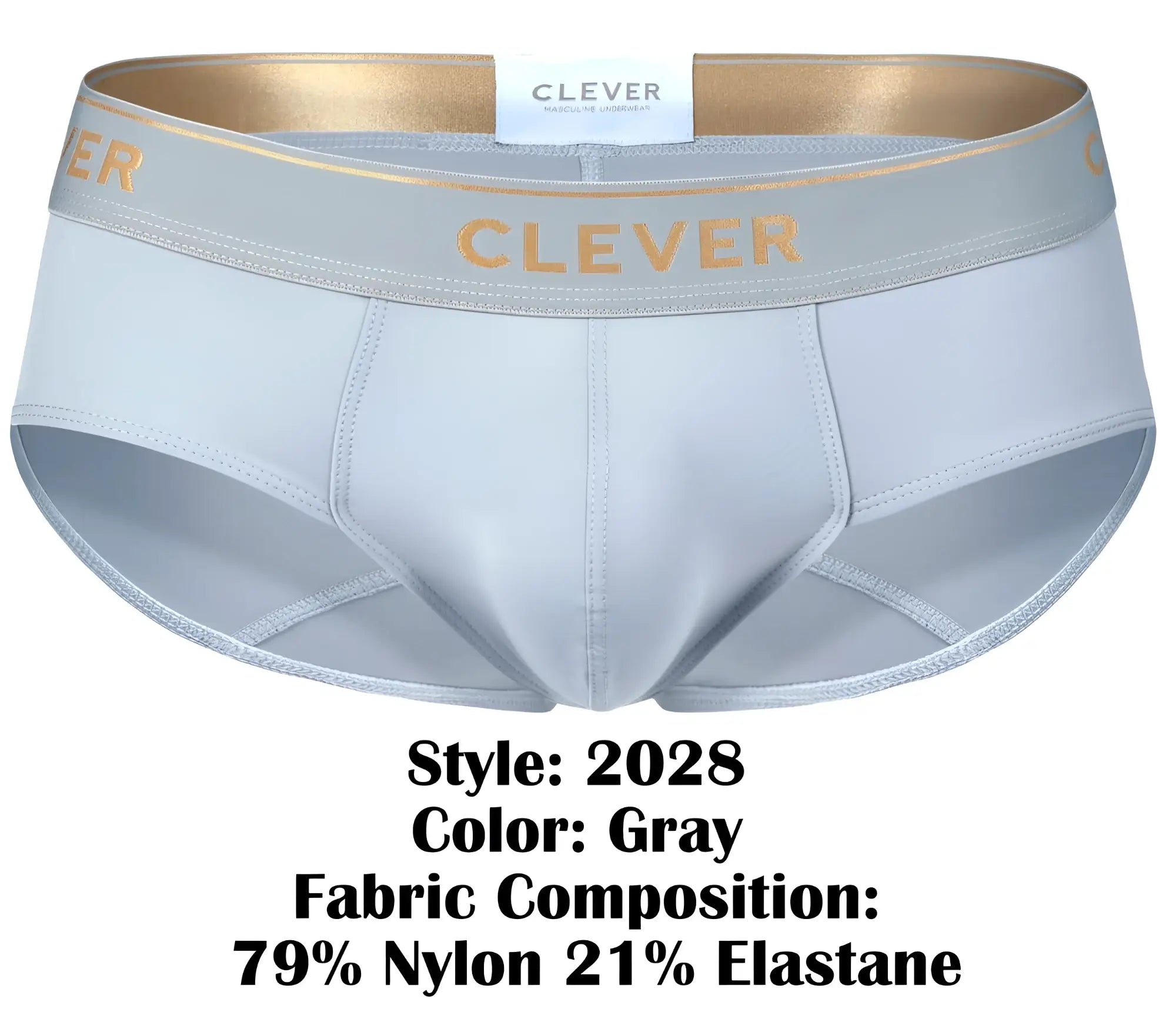 Gray clever men’s briefs with gold-trimmed waistband and clever 2028 embroidered in gold on the front