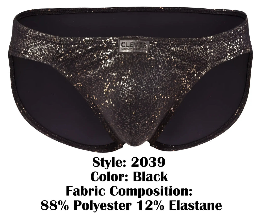 Black clever 2039 galaxy briefs with a sleek shiny texture and subtle shimmering glitter pattern in black color