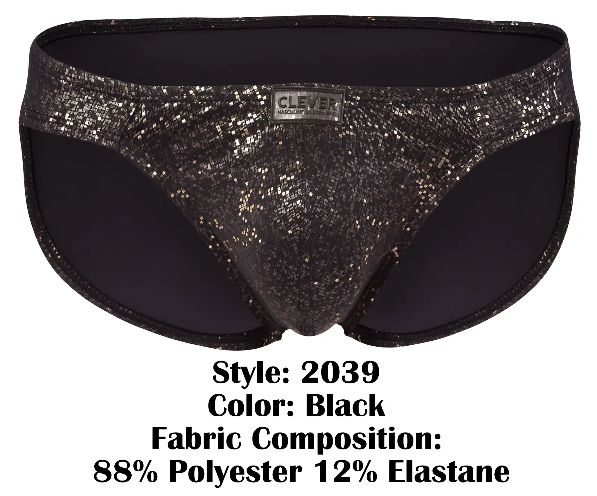 Black clever 2039 galaxy briefs with a sleek shiny texture and subtle shimmering glitter pattern in black color