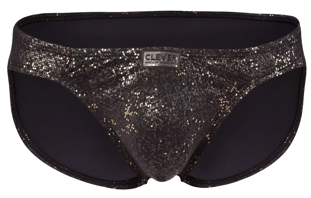 Black clever 2039 galaxy briefs with a subtle shimmer texture and branded label on the waistband