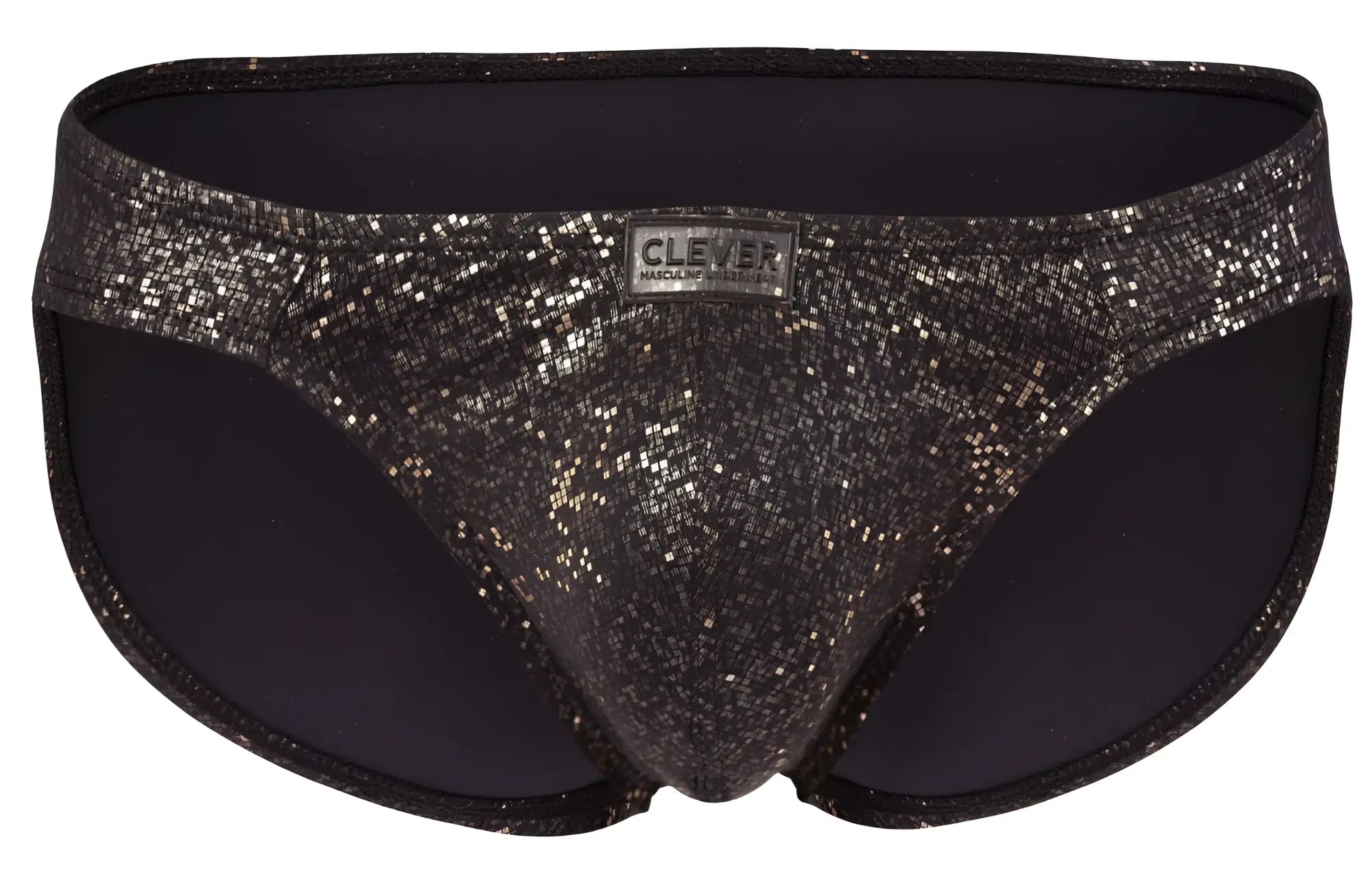 Black clever 2039 galaxy briefs with a subtle shimmer texture and branded label on the waistband