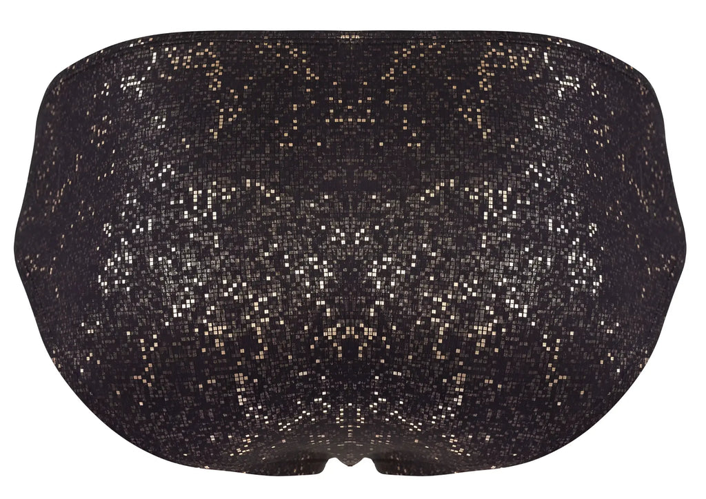 Black sequined bikini bottom with shimmering silver and gold pixelated pattern from clever 2039 galaxy briefs