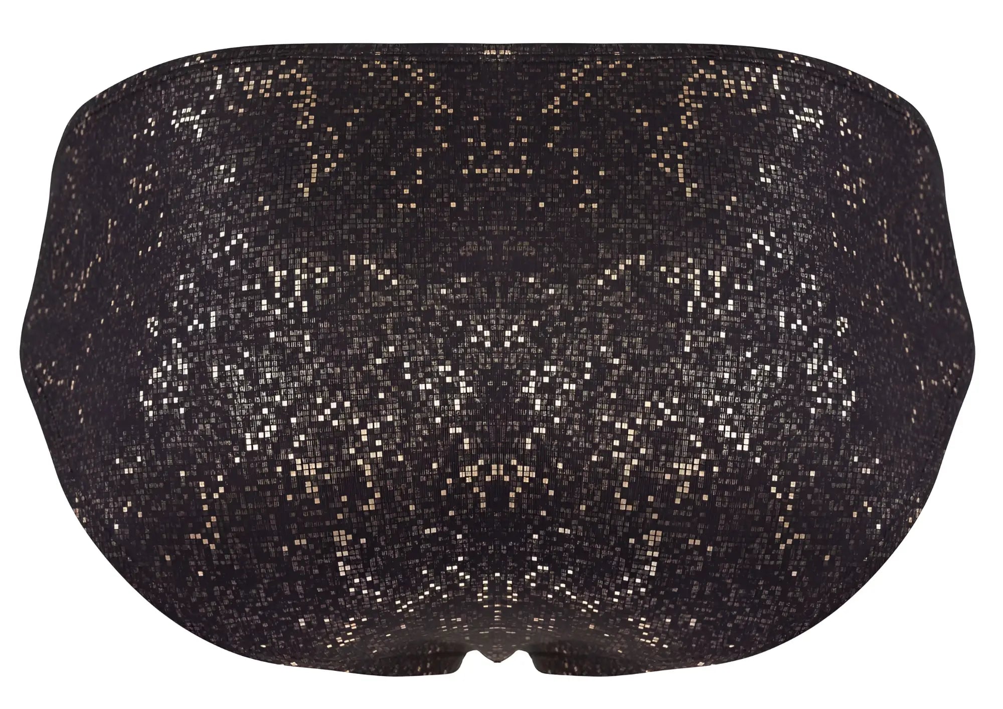 Black sequined bikini bottom with shimmering silver and gold pixelated pattern from clever 2039 galaxy briefs