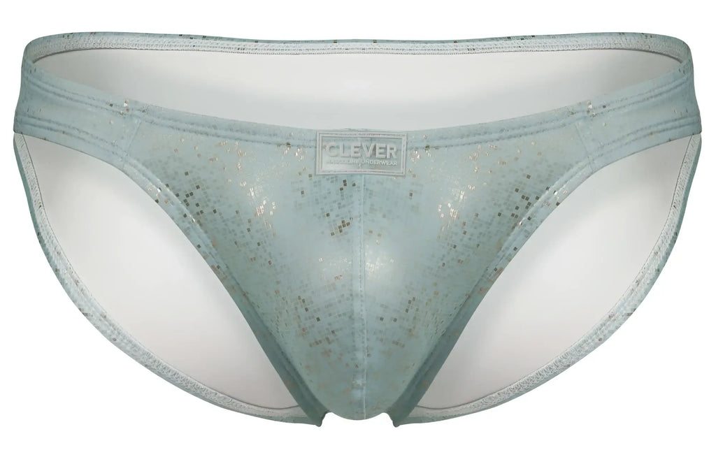 Light blue glittery mesh briefs with white lining and clever brand label from clever 2039 galaxy briefs collection