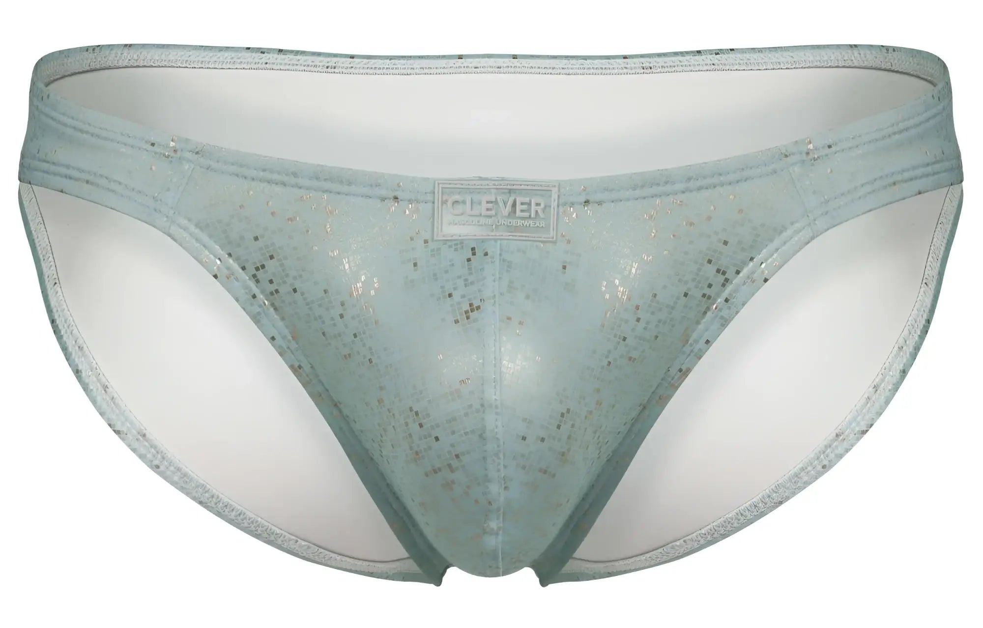 Light blue glittery mesh briefs with white lining and clever brand label from clever 2039 galaxy briefs collection