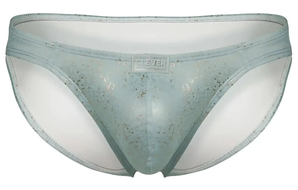 Light blue glittery mesh briefs with white lining and clever brand label from clever 2039 galaxy briefs collection