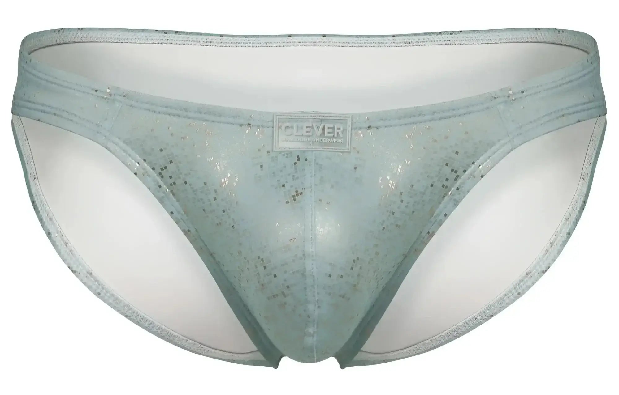 Light blue glittery mesh briefs with white lining and clever brand label from clever 2039 galaxy briefs collection