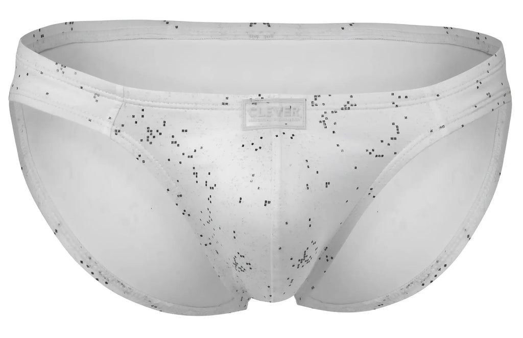 White clever 2039 galaxy briefs with subtle black speckles and a small rectangular brand tag on the waistband