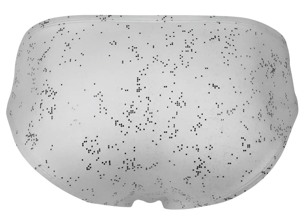 White briefs in clever 2039 galaxy design featuring a subtle black speckled pattern on white fabric