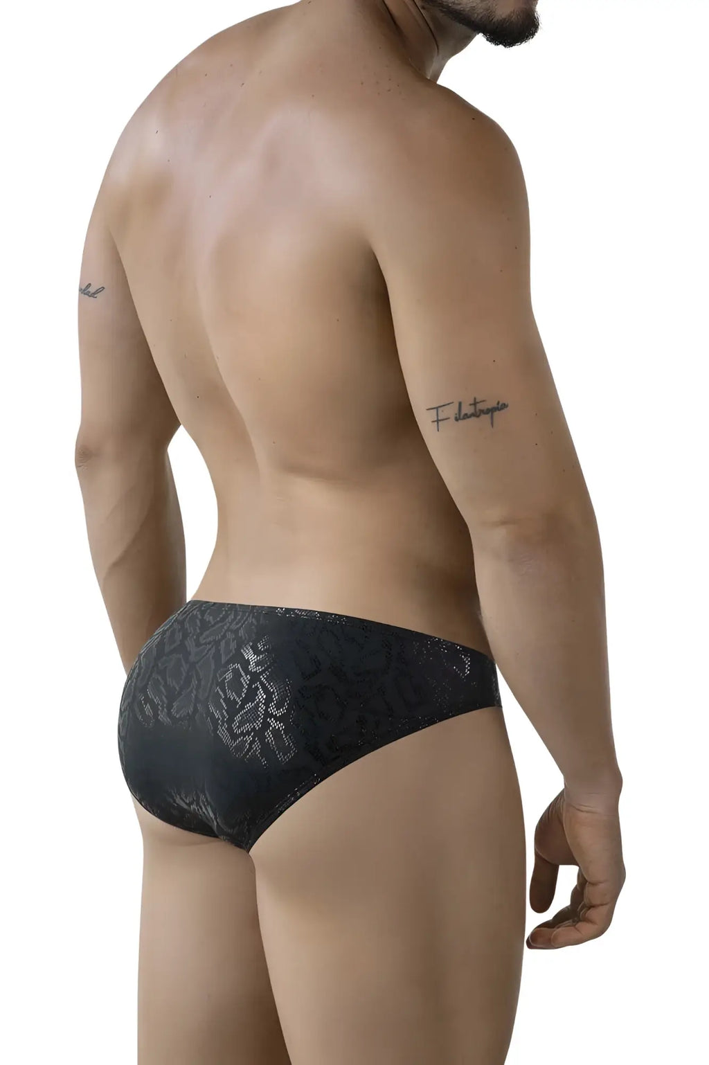 Black lace briefs with a subtle silver floral pattern from clever 2040 luxe briefs in color black