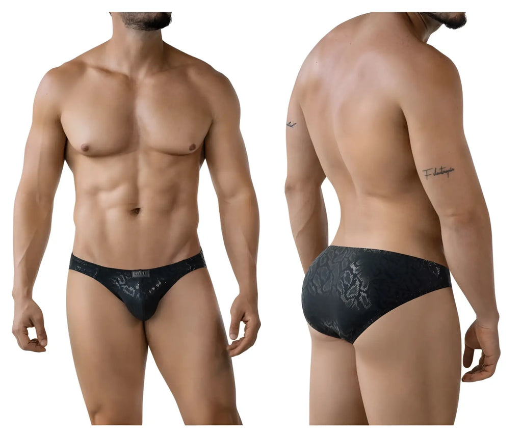 Black clever 2040 luxe briefs with lace trim and subtle gray floral pattern in men’s underwear design
