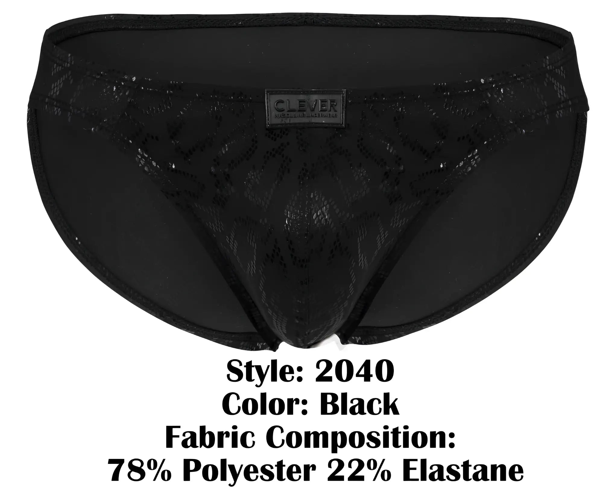 Black clever 2040 luxe briefs with lace trim, subtle sheen, intricate pattern, and branded waistband label