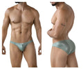 A sleek light teal lace-trimmed brief with shimmering pattern and small white Clever brand tag at the waistband