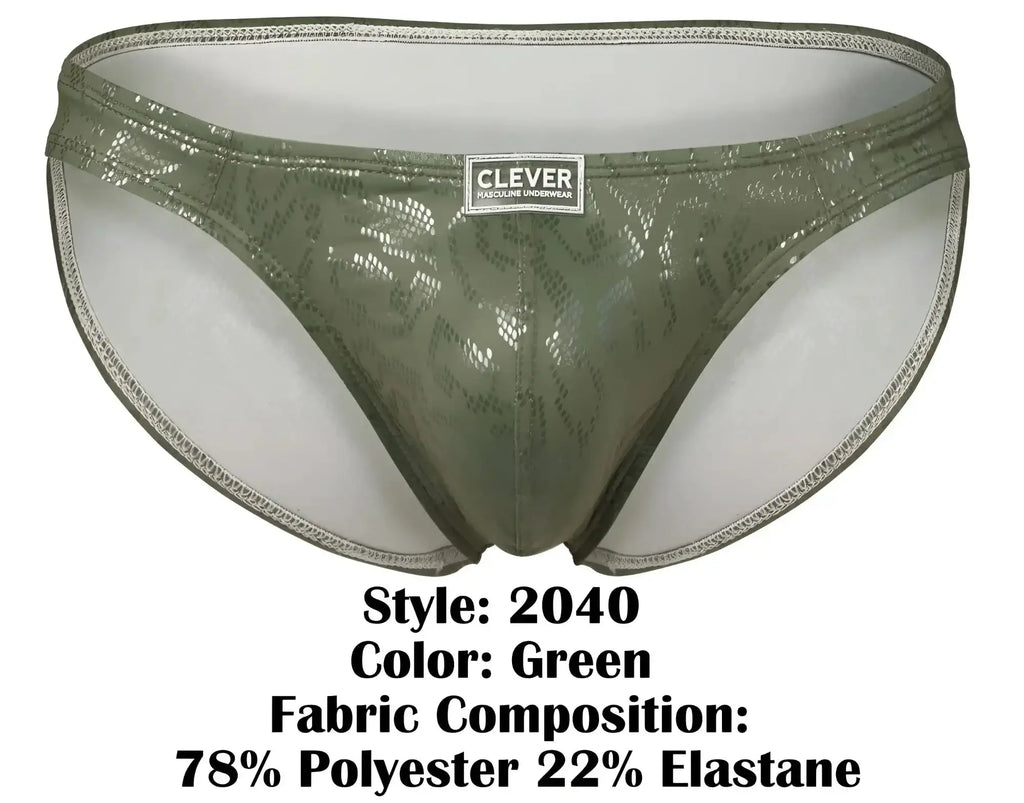 Olive green shiny lace trimmed men’s briefs with clever brand label from clever 2040 luxe briefs collection
