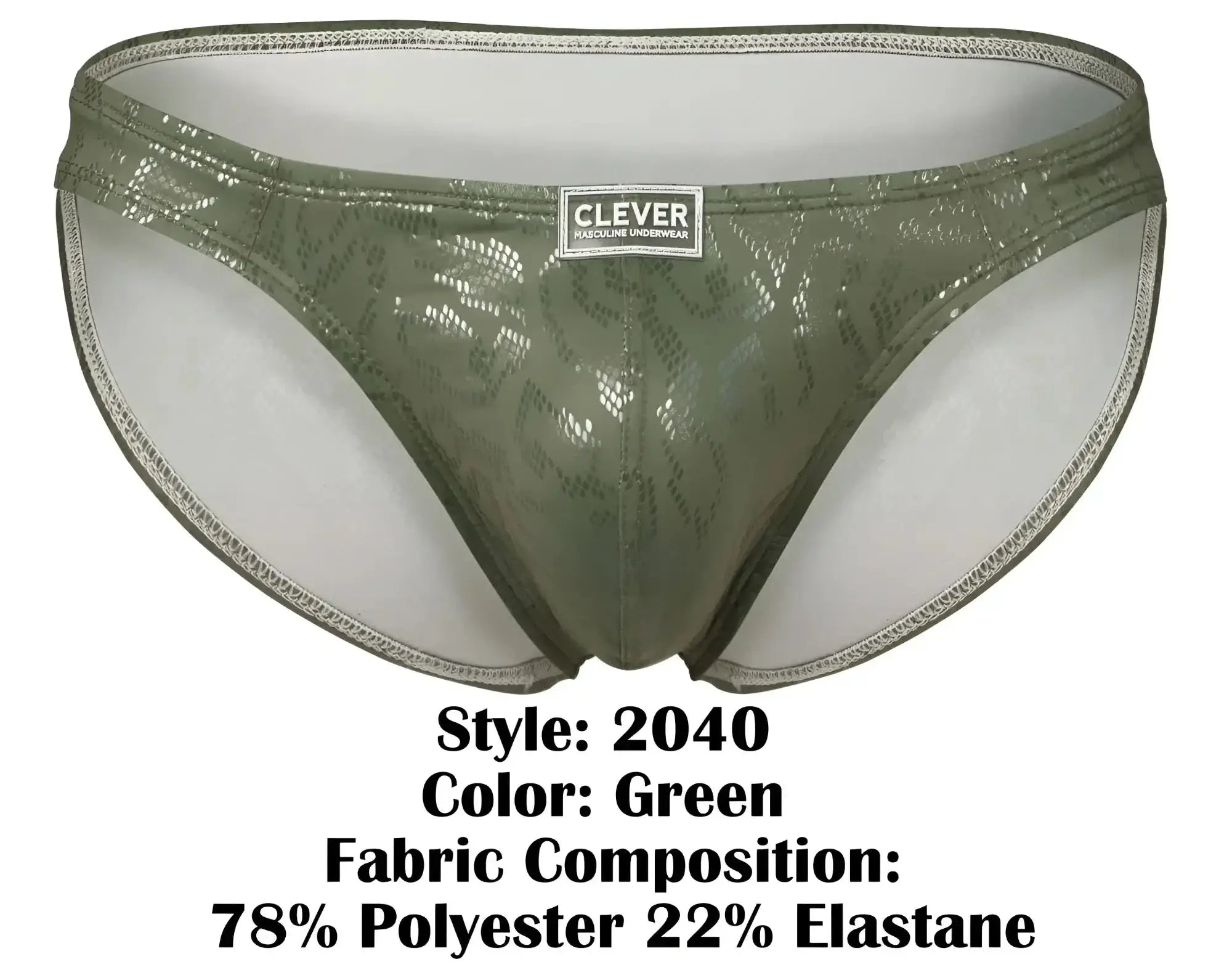 Olive green shiny lace trimmed men’s briefs with clever brand label from clever 2040 luxe briefs collection