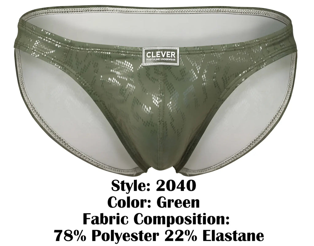 Olive green shiny lace trimmed men’s briefs with clever brand label from clever 2040 luxe briefs collection