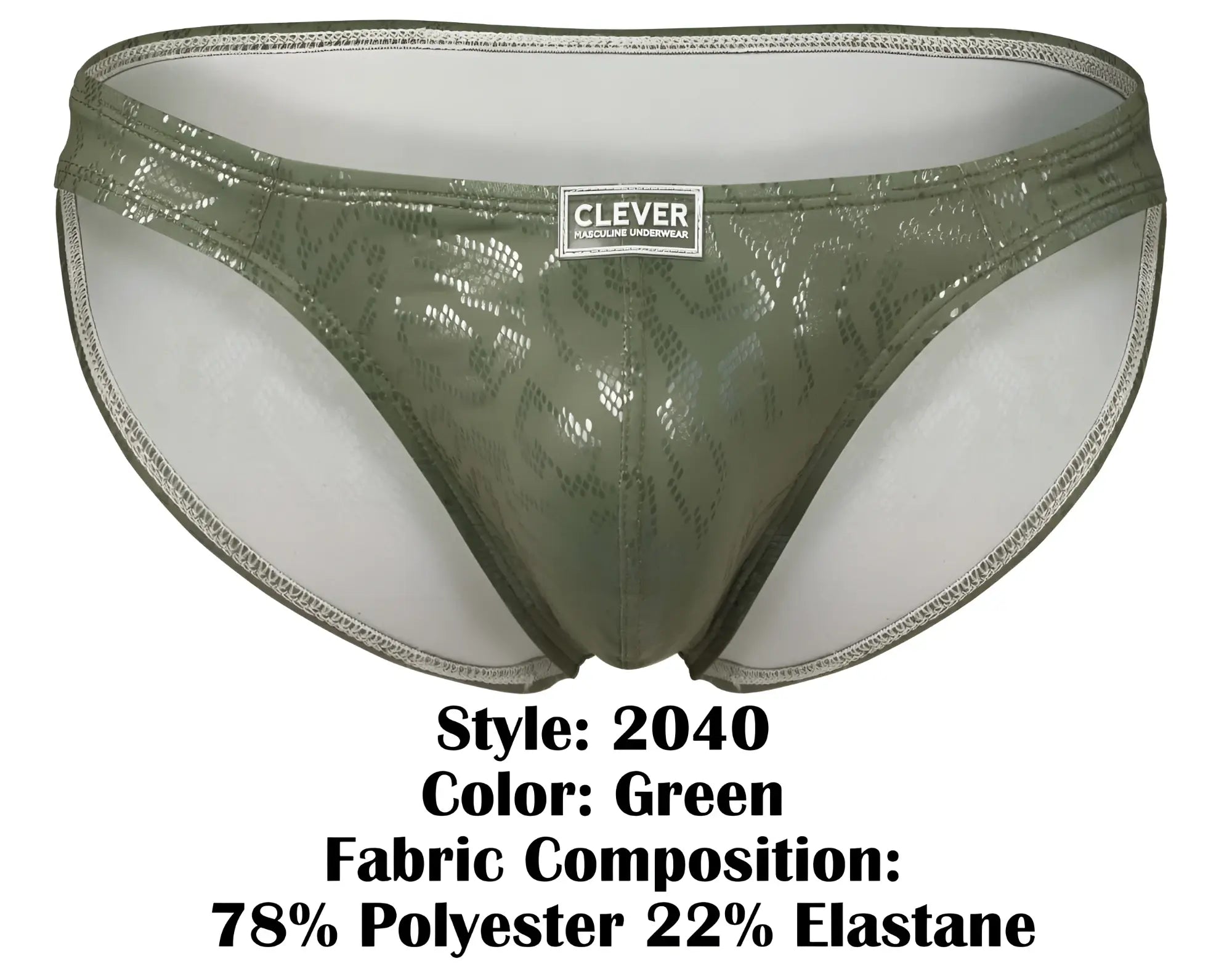 Olive green shiny lace trimmed men’s briefs with clever brand label from clever 2040 luxe briefs collection