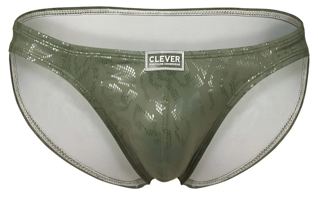 Olive green shiny snake-patterned men’s briefs with white clever brand label from clever 2040 luxe briefs collection