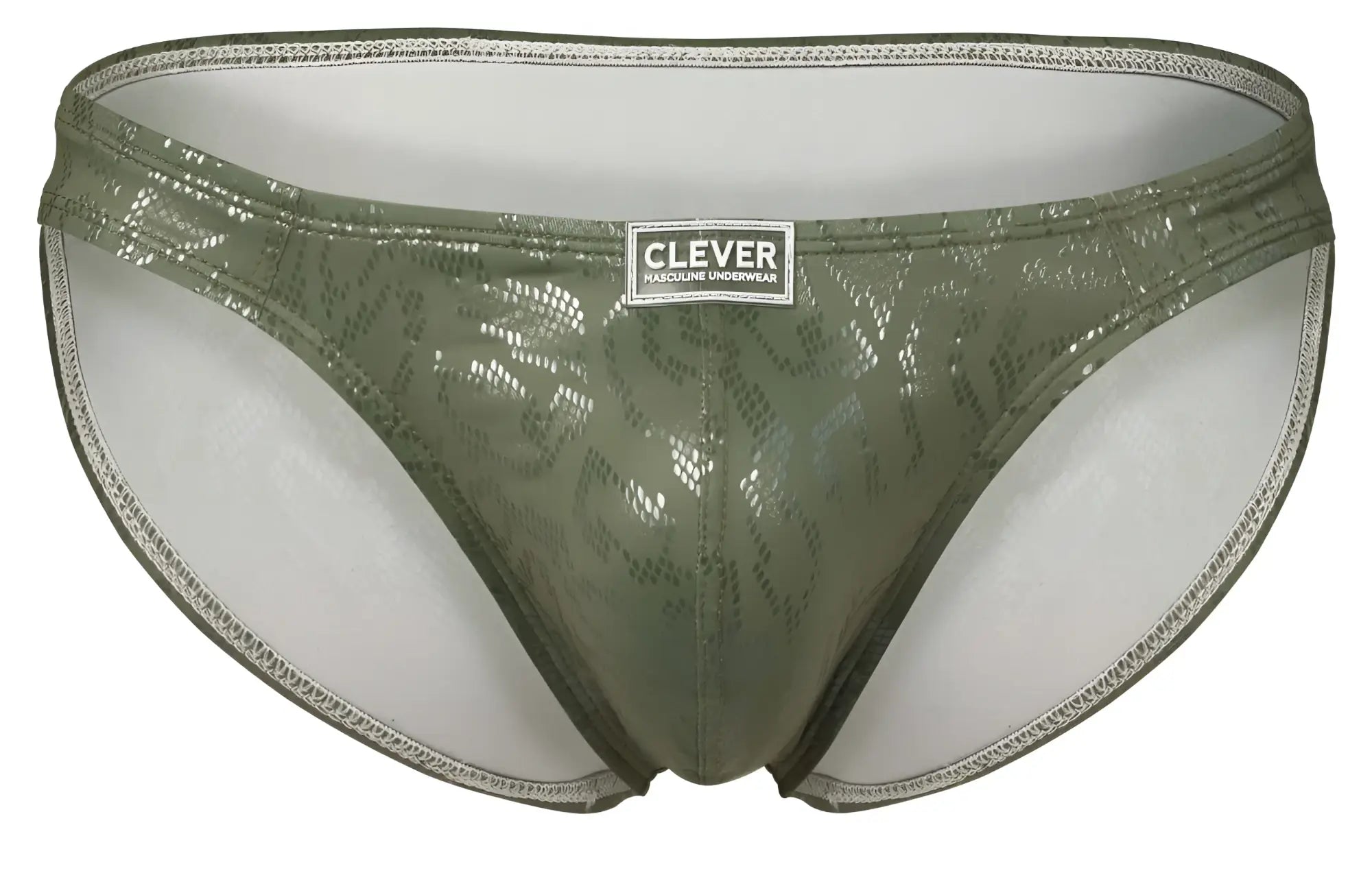 Olive green shiny snake-patterned men’s briefs with white clever brand label from clever 2040 luxe briefs collection