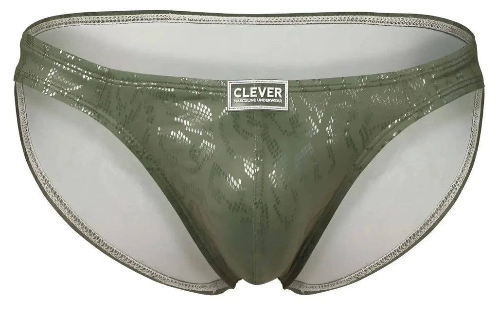 Olive green shiny snake-patterned men’s briefs with white clever brand label from clever 2040 luxe briefs collection