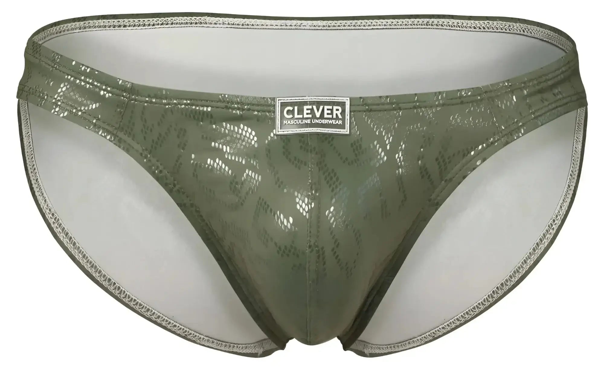 Olive green shiny snake-patterned men’s briefs with white clever brand label from clever 2040 luxe briefs collection