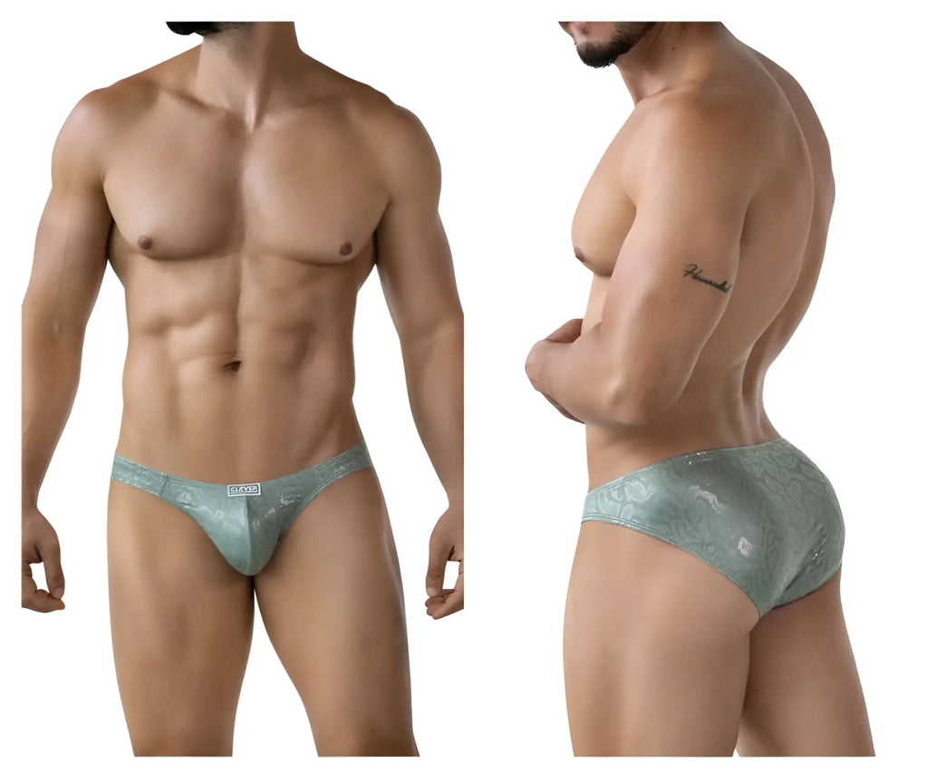 A sleek light teal lace-trimmed brief with shimmering pattern and small white Clever brand tag at the waistband