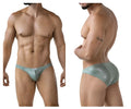 A sleek light teal lace-trimmed brief with shimmering pattern and small white Clever brand tag at the waistband