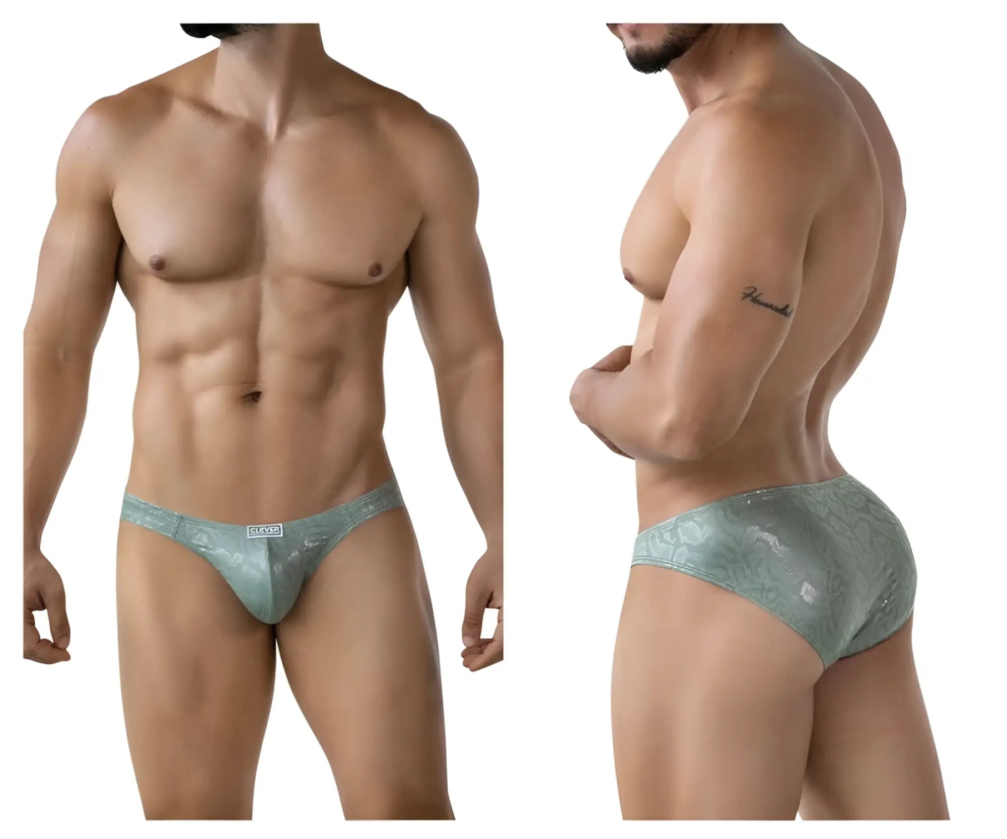 A sleek light teal lace-trimmed brief with shimmering pattern and small white Clever brand tag at the waistband