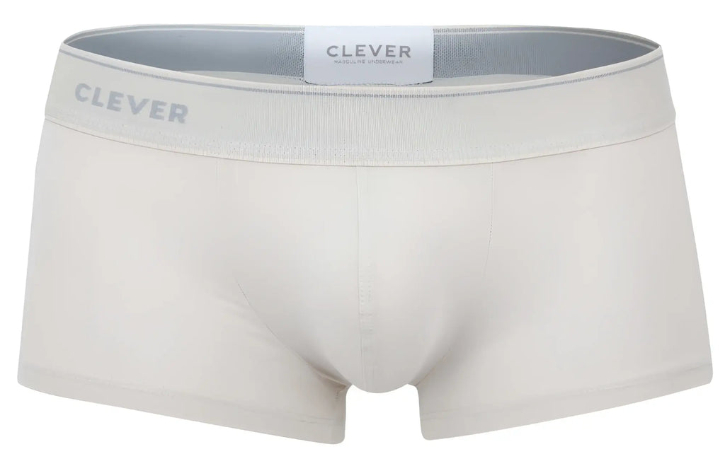 Cream-colored seamless boxer briefs with a gray waistband featuring clever branding from the clever 2042 Mendoza trunks beige collection