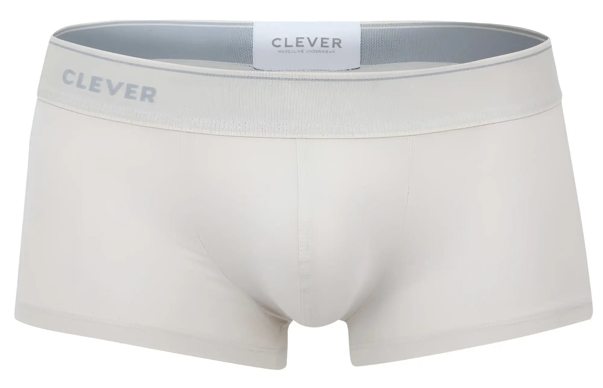 Cream-colored seamless boxer briefs with a gray waistband featuring clever branding from the clever 2042 Mendoza trunks beige collection