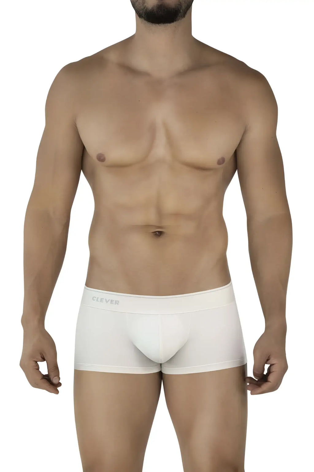 Beige cotton clever 2042 mendoza trunks with a subtle clever logo on the waistband front view