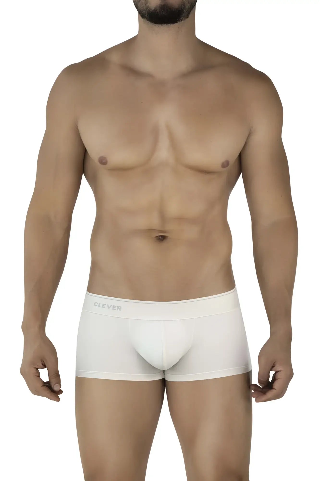 Beige cotton clever 2042 mendoza trunks with a subtle clever logo on the waistband front view