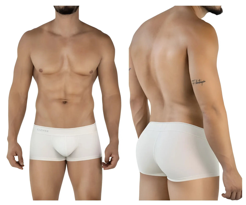 Beige clever 2042 mendoza trunks white men’s boxer briefs with subtle brand logo on the waistband front view