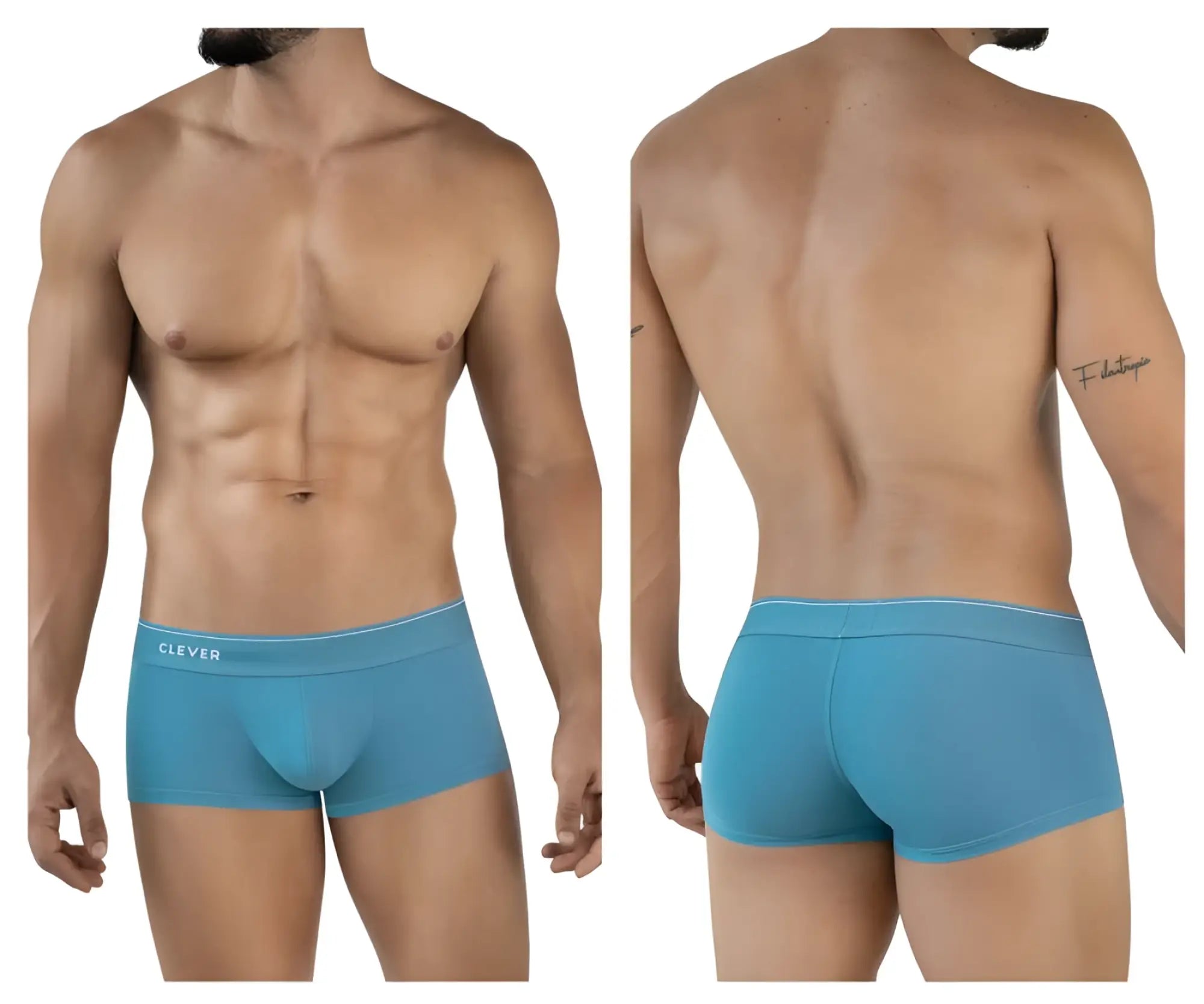 Blue men’s boxer briefs with a white waistband featuring clever brand name from clever 2042 mendoza trunks