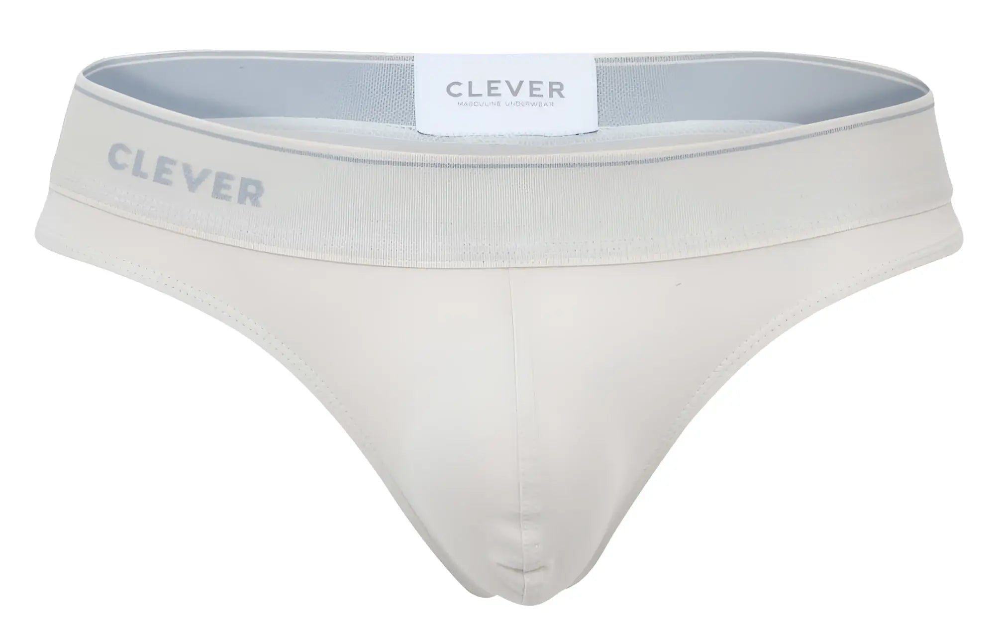 Cream-colored clever 2044 Mendoza thongs with seamless design and soft elastic waistband featuring clever logo
