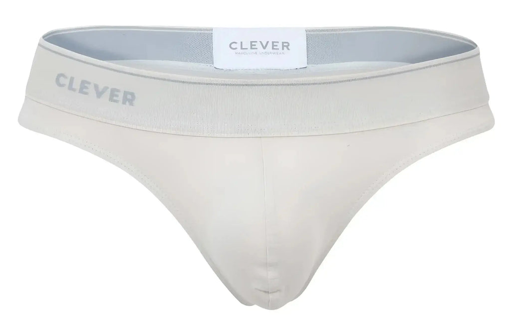 Cream-colored clever 2044 Mendoza thongs with seamless design and soft elastic waistband featuring clever logo