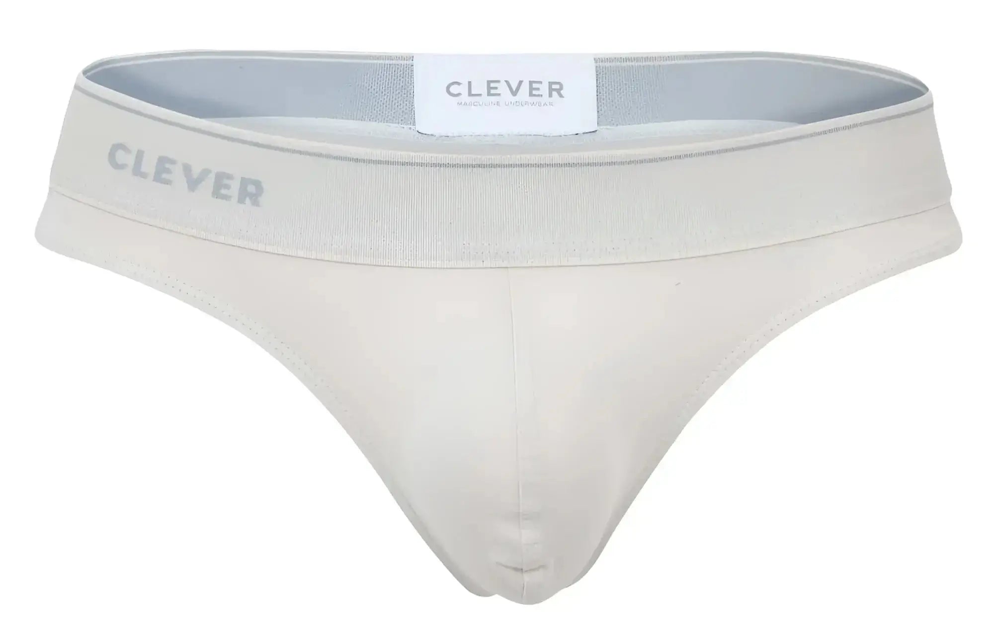 Cream-colored clever 2044 Mendoza thongs with seamless design and soft elastic waistband featuring clever logo