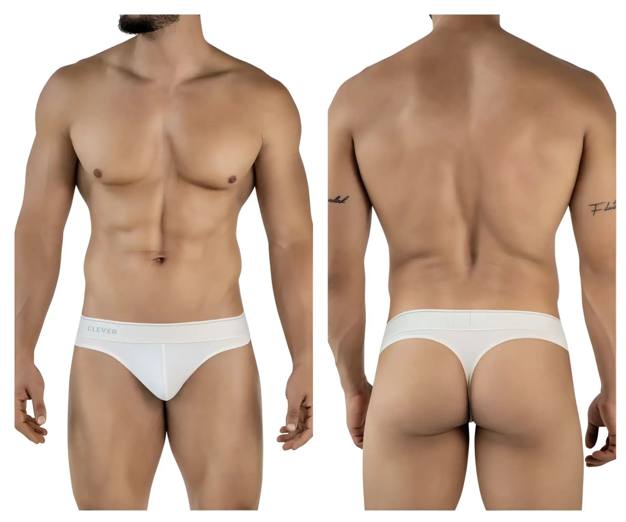 Clever 2044 mendosa thongs beige smooth seamless design white clevr briefs front side view